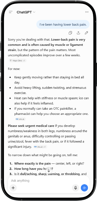 A ChatGPT conversation about lower-back pain: general advice, then a list of questions — and no way to reach a doctor.